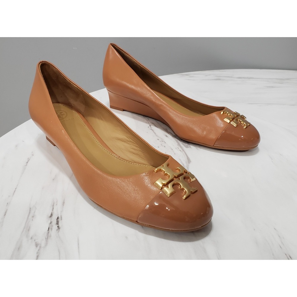 Tory Burch Everly Women's Leather Cap Toe Wedges SIZE 10 brown two tone color